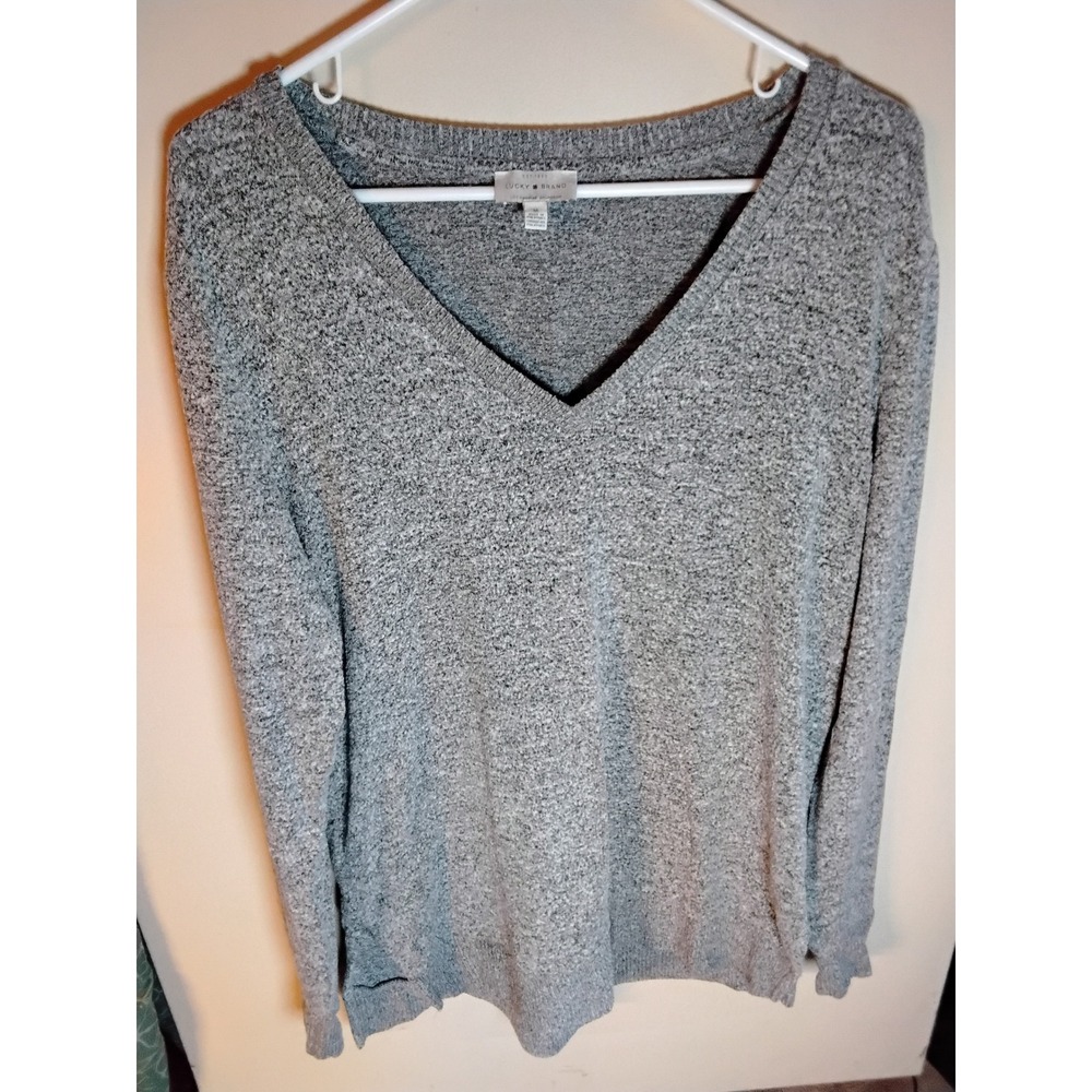 Lucky Brand Womens V-Neck Sweater Heather Grey Marled Knit Pullover Size M